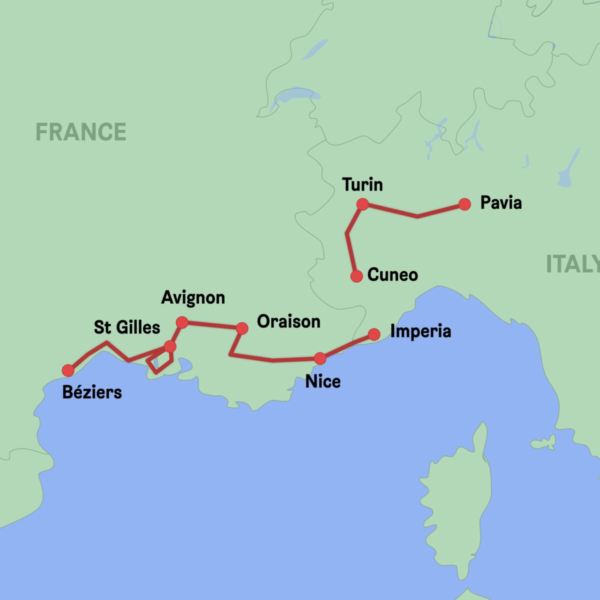 Map of the cycling route Eurovelo 8 in France