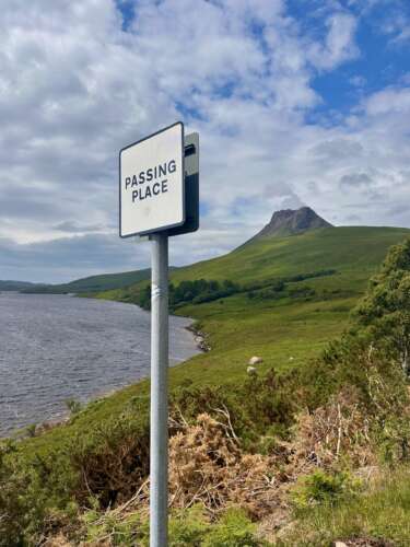 North Coast 500 - passing place with view on Stac Pollaidh