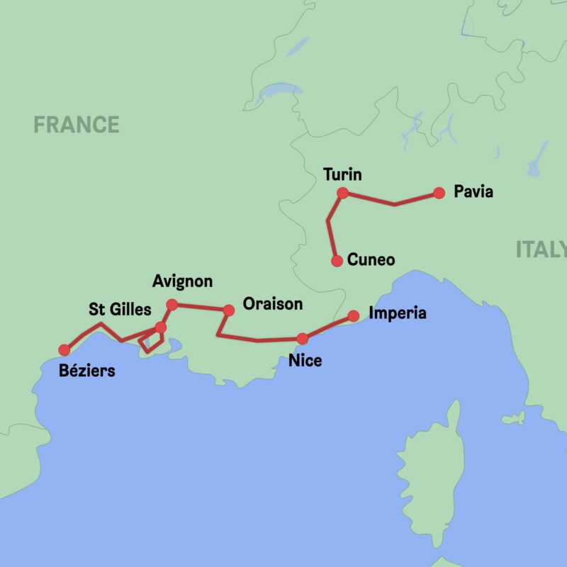 Map of the cycling route Eurovelo 8 in France
