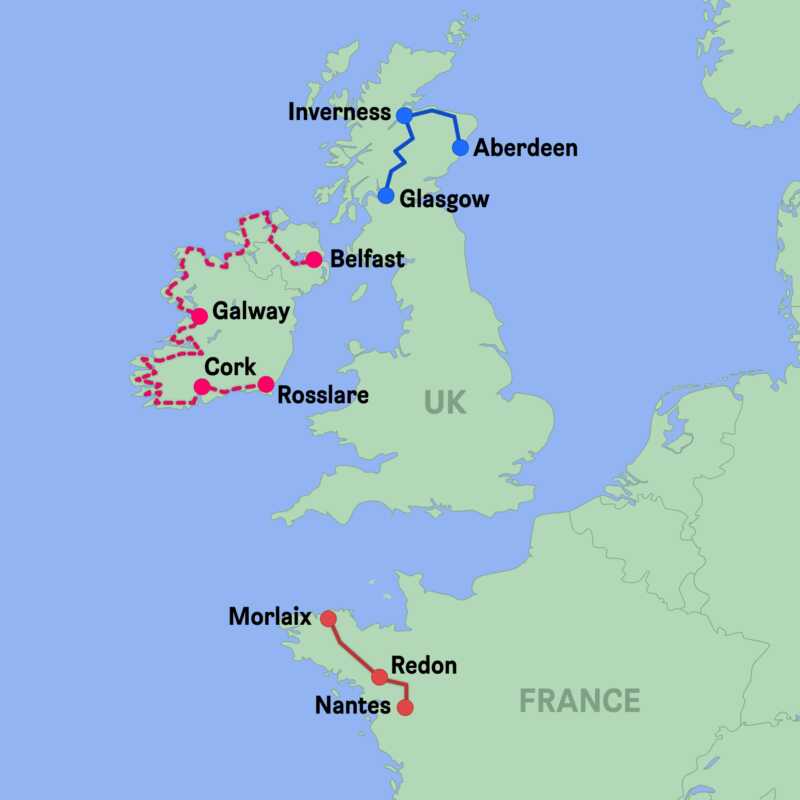 Eurovelo 1 - map of my tours in France, Scotland and Ireland